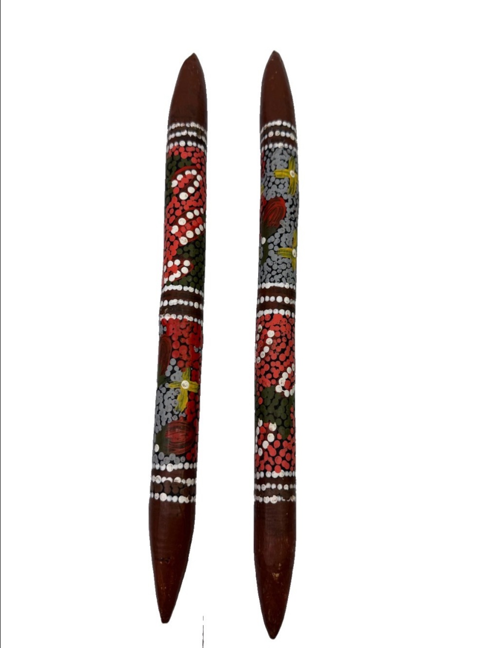 Vintage 12.25" Australian Aboriginal Hand-Painted Wood Clapsticks Bilma Pair Han